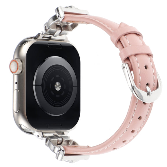 For Apple Watch 46mm / 49mm / 45mm / 44mm Leopard Head Genuine Leather Watch Band(Pink Silver Buckle)
