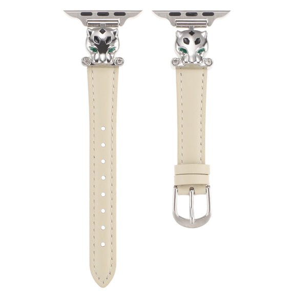 For Apple Watch 42mm / 41mm / 40mm / 38mm Leopard Head Genuine Leather Watch Band(White Silver Buckle)