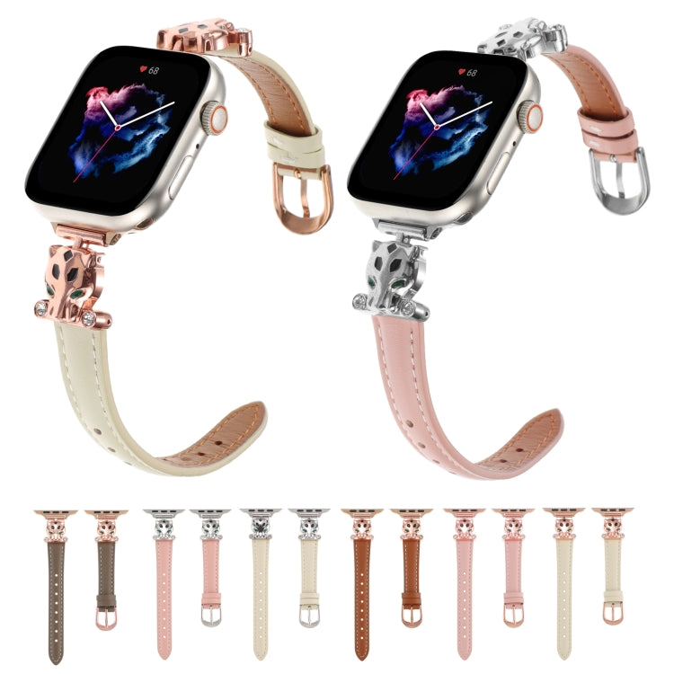 For Apple Watch 46mm / 49mm / 45mm / 44mm Leopard Head Genuine Leather Watch Band(White Silver Buckle)