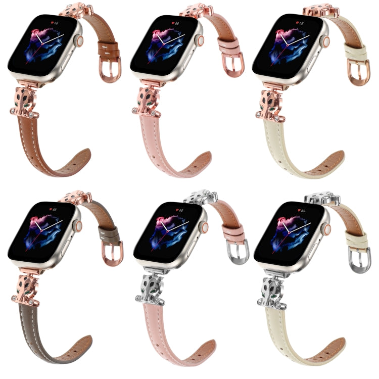 For Apple Watch 46mm / 49mm / 45mm / 44mm Leopard Head Genuine Leather Watch Band(White Silver Buckle)