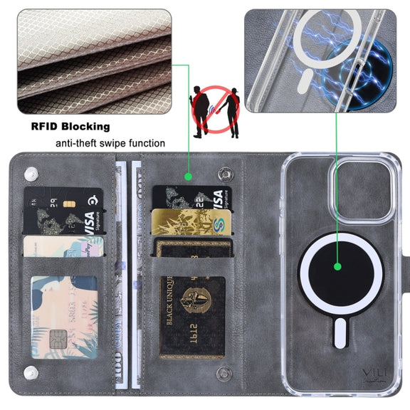 For iPhone 16 Plus ViLi GVS-C Series MagSafe Magnetic RFID Leather Flip Phone Case(Grey)