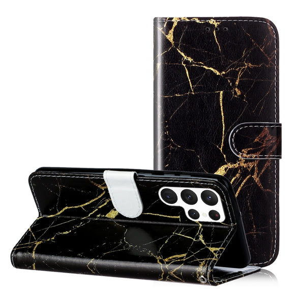 For Samsung Galaxy S25 Ultra 5G Colored Drawing Marble Pattern Leather Phone Case(Black Gold Marble)