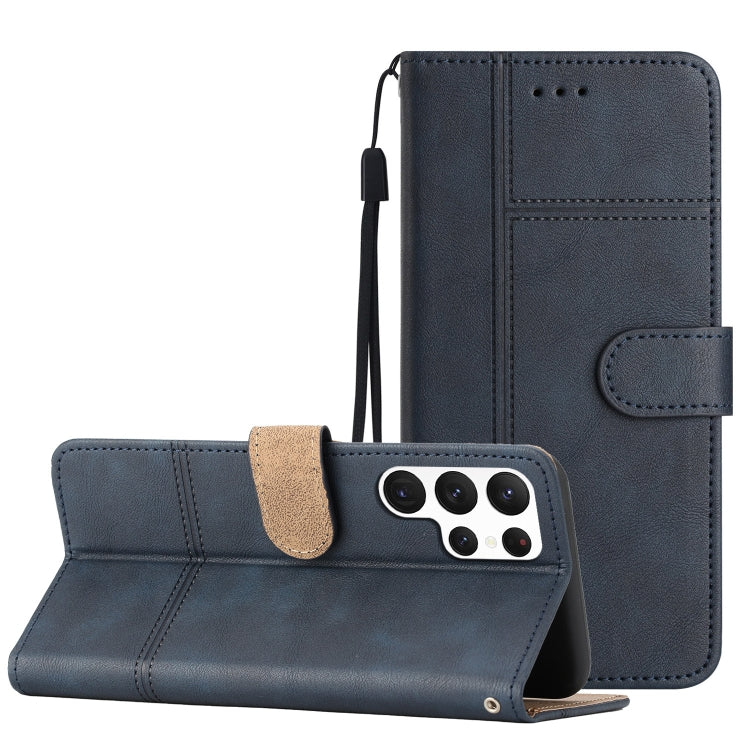 For Samsung Galaxy S25 Ultra 5G Cowhide Texture Stitching Leather Phone Case(Dark Blue)