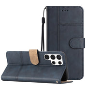 For Samsung Galaxy S25 Ultra 5G Cowhide Texture Stitching Leather Phone Case(Dark Blue)