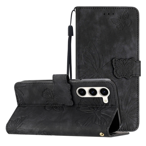 For Samsung Galaxy S25 5G Skin-feel Embossed Butterfly Leather Phone Case(Black)