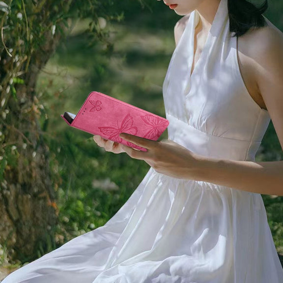 For Samsung Galaxy S25 5G Skin-feel Embossed Butterfly Leather Phone Case(Rose Red)