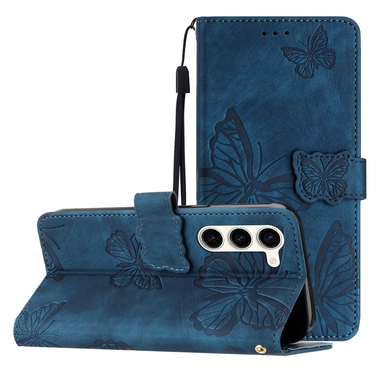 For Samsung Galaxy S25+ 5G Skin-feel Embossed Butterfly Leather Phone Case(Blue)
