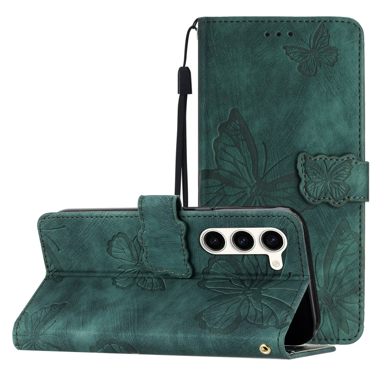 For Samsung Galaxy S25+ 5G Skin-feel Embossed Butterfly Leather Phone Case(Green)