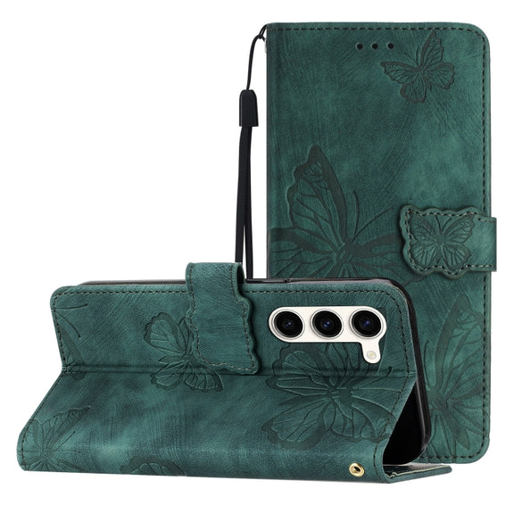 For Samsung Galaxy S25+ 5G Skin-feel Embossed Butterfly Leather Phone Case(Green)