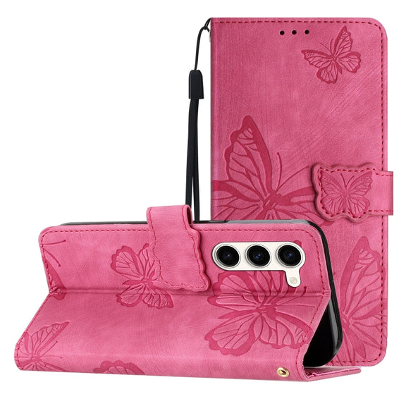 For Samsung Galaxy S25+ 5G Skin-feel Embossed Butterfly Leather Phone Case(Rose Red)