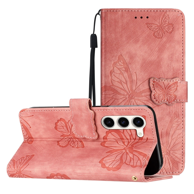 For Samsung Galaxy S25+ 5G Skin-feel Embossed Butterfly Leather Phone Case(Pink)