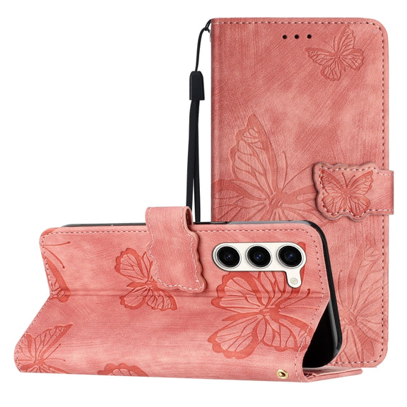 For Samsung Galaxy S25+ 5G Skin-feel Embossed Butterfly Leather Phone Case(Pink)