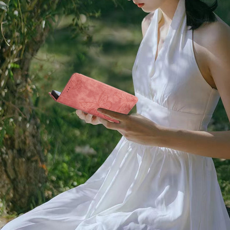 For Samsung Galaxy S25+ 5G Skin-feel Embossed Butterfly Leather Phone Case(Pink)