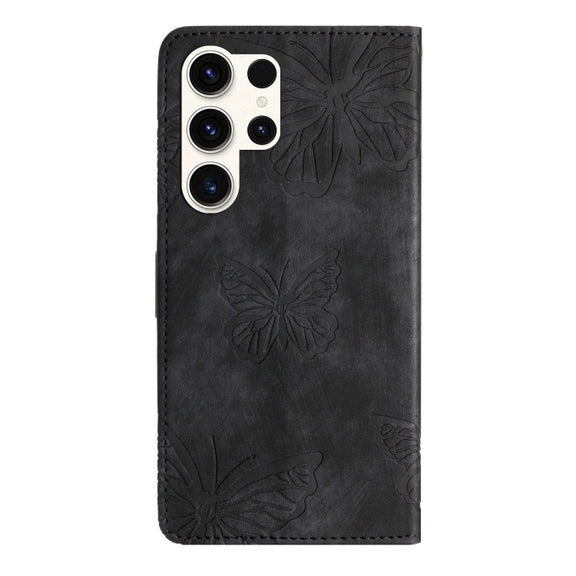 For Samsung Galaxy S25 Ultra 5G Skin-feel Embossed Butterfly Leather Phone Case(Black)