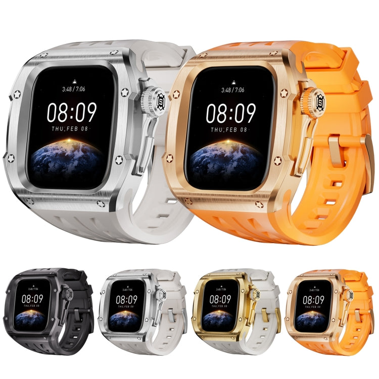 For Apple Watch Series 10 46mm RedPepper Armor Metal Case Integrated Silicone Watch Band(Gold White)