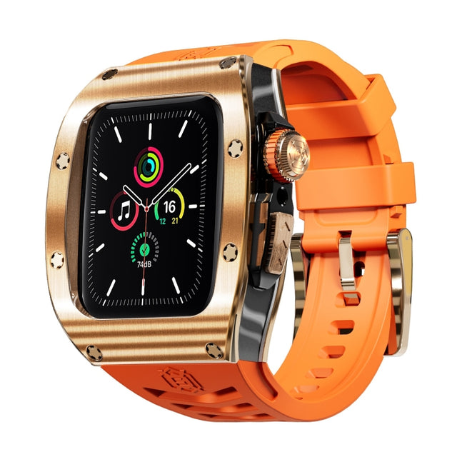 For Apple Watch 44mm / 45mm RedPepper Armor Metal Case Integrated Silicone Watch Band(Rose Gold Orange)