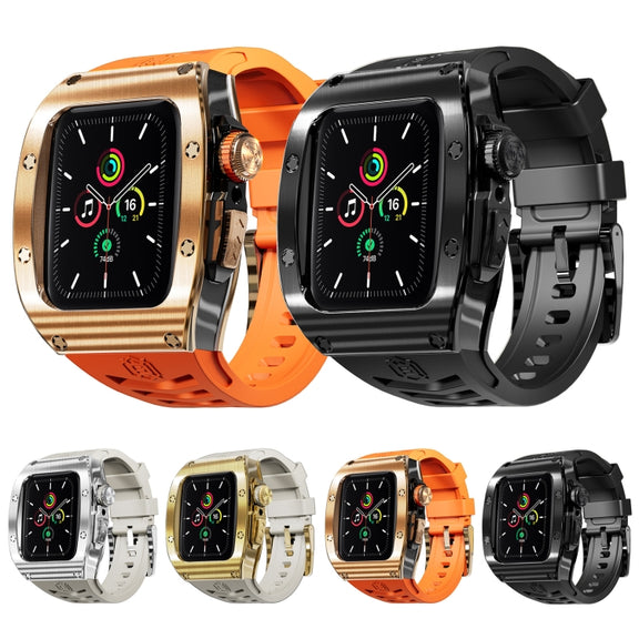 For Apple Watch 44mm / 45mm RedPepper Armor Metal Case Integrated Silicone Watch Band(Gold White)