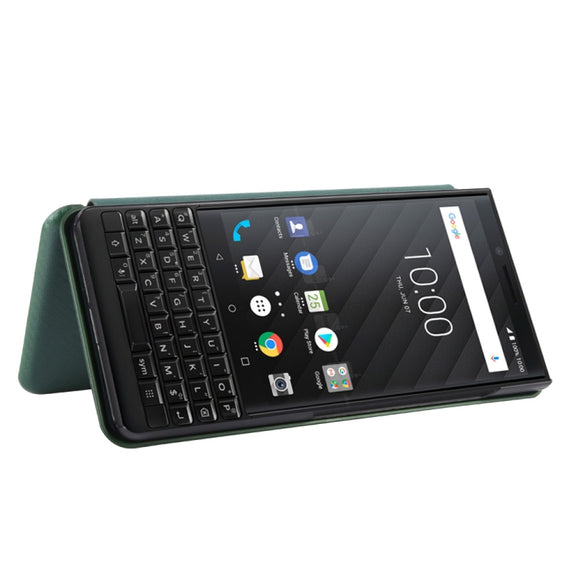 For BlackBerry KEY2 Carbon Fiber Texture Horizontal Flip TPU + PC + PU Leather Case with Card Slot(Green)
