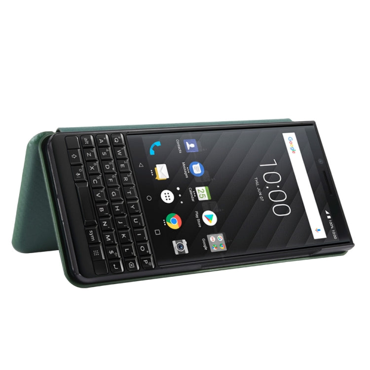 For BlackBerry KEY2 Carbon Fiber Texture Horizontal Flip TPU + PC + PU Leather Case with Card Slot(Green)
