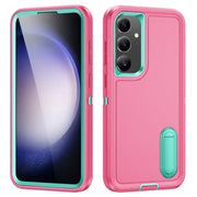 For Samsung Galaxy S24 / S25 5G Rugged PC Hybrid Silicone Phone Case with Holder(Rose Red+Light Green)