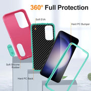 For Samsung Galaxy S24 / S25 5G Rugged PC Hybrid Silicone Phone Case with Holder(Rose Red+Light Green)