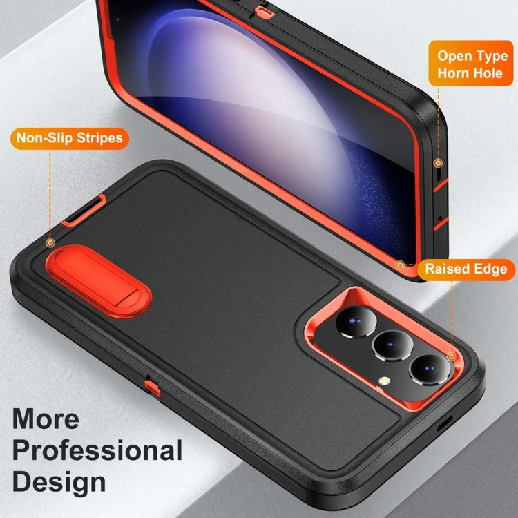 For Samsung Galaxy S24 / S25 5G Rugged PC Hybrid Silicone Phone Case with Holder(Black+Orange)
