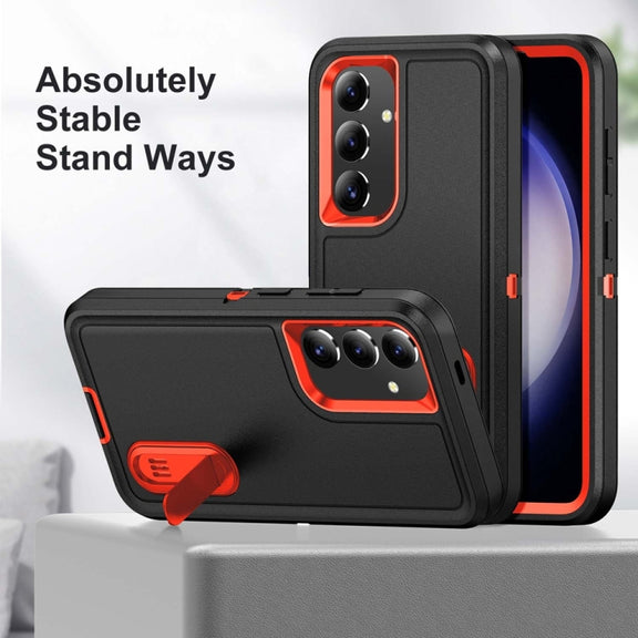 For Samsung Galaxy S24 / S25 5G Rugged PC Hybrid Silicone Phone Case with Holder(Black+Orange)
