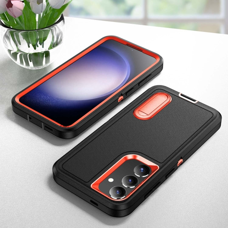 For Samsung Galaxy S24 / S25 5G Rugged PC Hybrid Silicone Phone Case with Holder(Black+Orange)