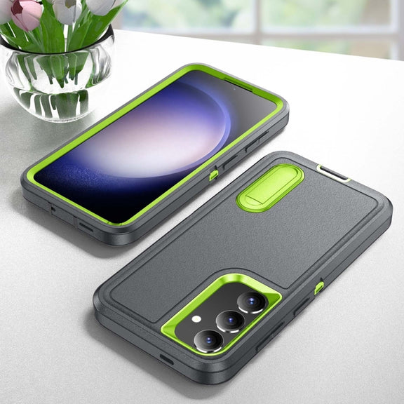 For Samsung Galaxy S24 / S25 5G Rugged PC Hybrid Silicone Phone Case with Holder(Grey+Fresh Green)