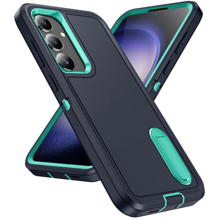 For Samsung Galaxy S24 / S25 5G Rugged PC Hybrid Silicone Phone Case with Holder(Dark Blue+Light Green)