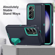 For Samsung Galaxy S24 / S25 5G Rugged PC Hybrid Silicone Phone Case with Holder(Dark Blue+Light Green)