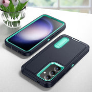 For Samsung Galaxy S24 / S25 5G Rugged PC Hybrid Silicone Phone Case with Holder(Dark Blue+Light Green)