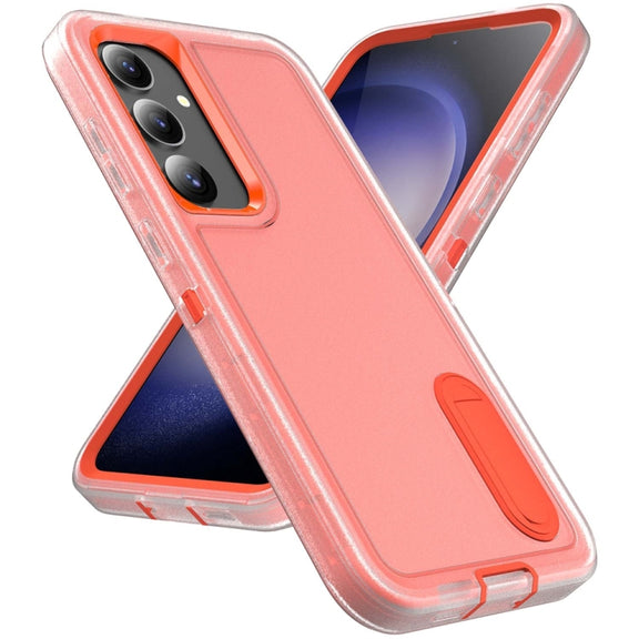 For Samsung Galaxy S24 / S25 5G Rugged PC Hybrid Silicone Phone Case with Holder(Transparent+Orange)