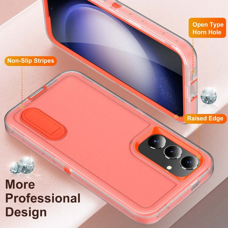 For Samsung Galaxy S24 / S25 5G Rugged PC Hybrid Silicone Phone Case with Holder(Transparent+Orange)