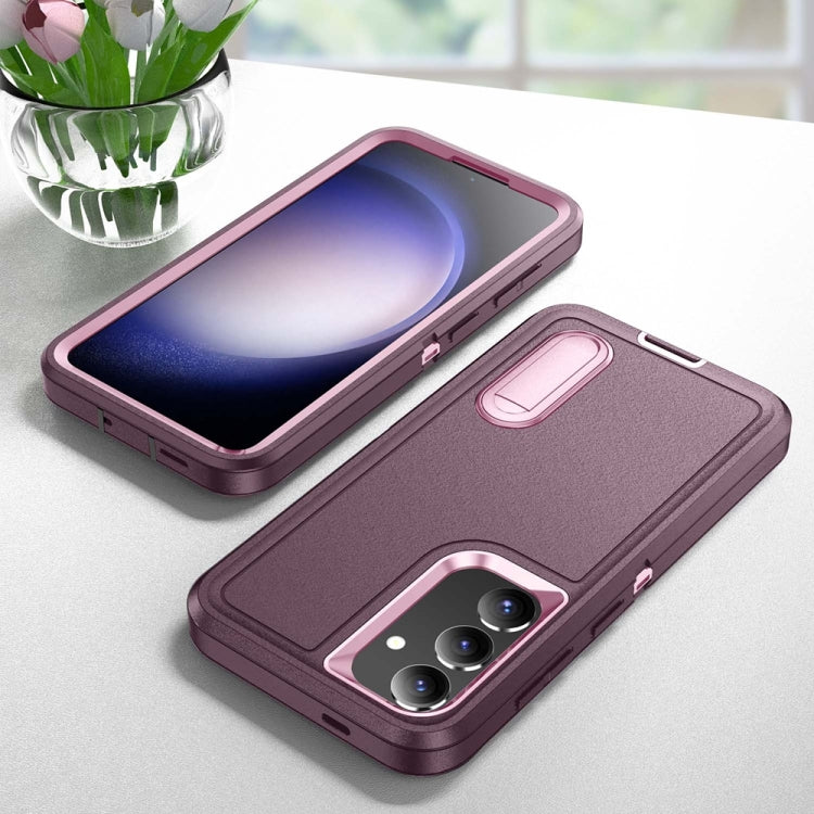 For Samsung Galaxy S24 / S25 5G Rugged PC Hybrid Silicone Phone Case with Holder(Purple+Pink)