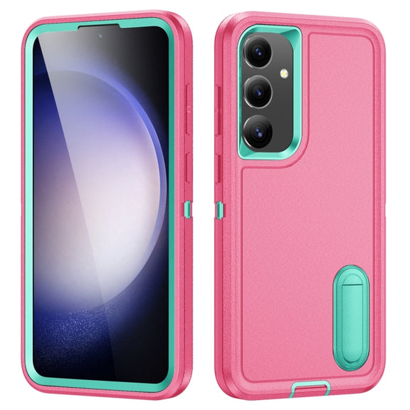 For Samsung Galaxy S24+ / S25+ 5G Rugged PC Hybrid Silicone Phone Case with Holder(Rose Red+Light Green)