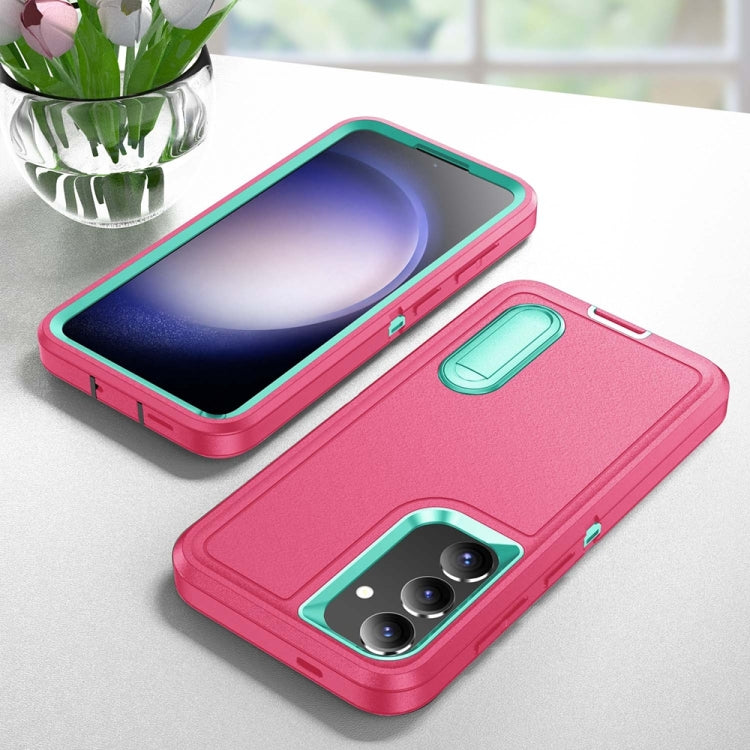 For Samsung Galaxy S24+ / S25+ 5G Rugged PC Hybrid Silicone Phone Case with Holder(Rose Red+Light Green)