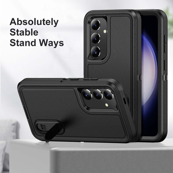 For Samsung Galaxy S24+ / S25+ 5G Rugged PC Hybrid Silicone Phone Case with Holder(Black)