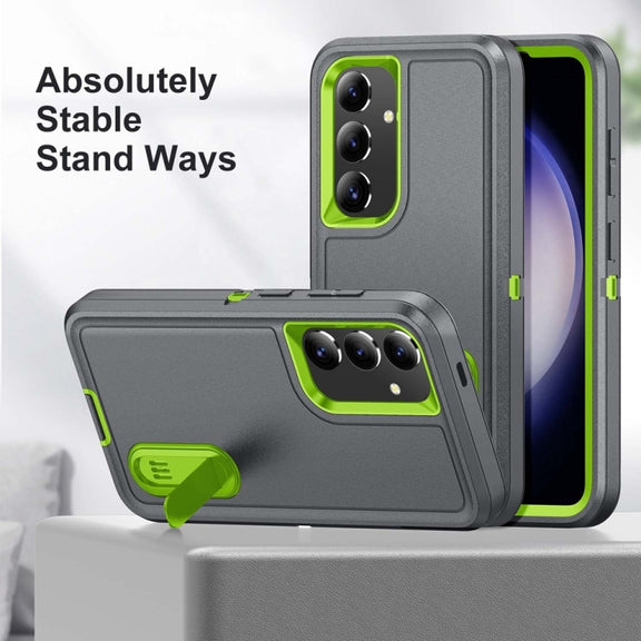 For Samsung Galaxy S24+ / S25+ 5G Rugged PC Hybrid Silicone Phone Case with Holder(Grey+Fresh Green)