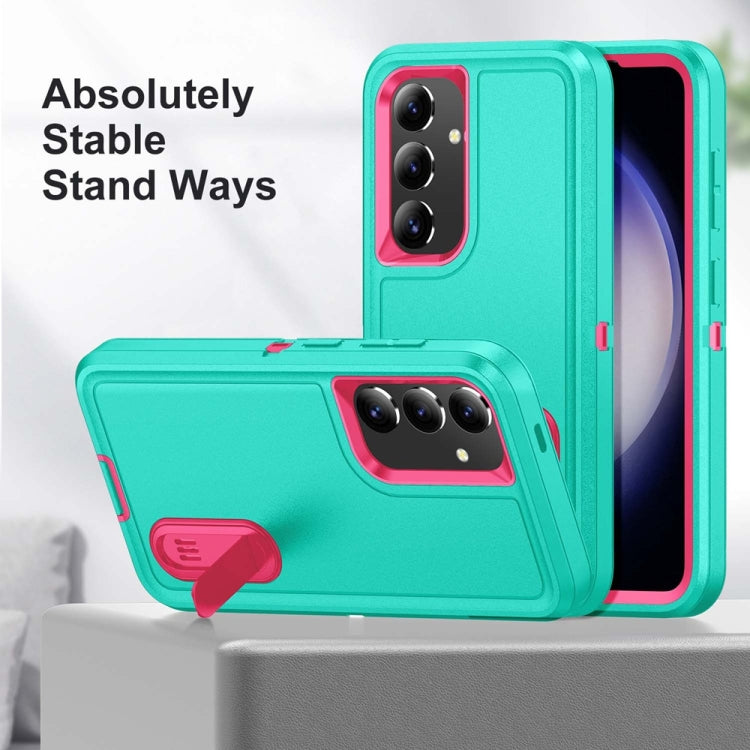 For Samsung Galaxy S24+ / S25+ 5G Rugged PC Hybrid Silicone Phone Case with Holder(Light Green+Rose Red)