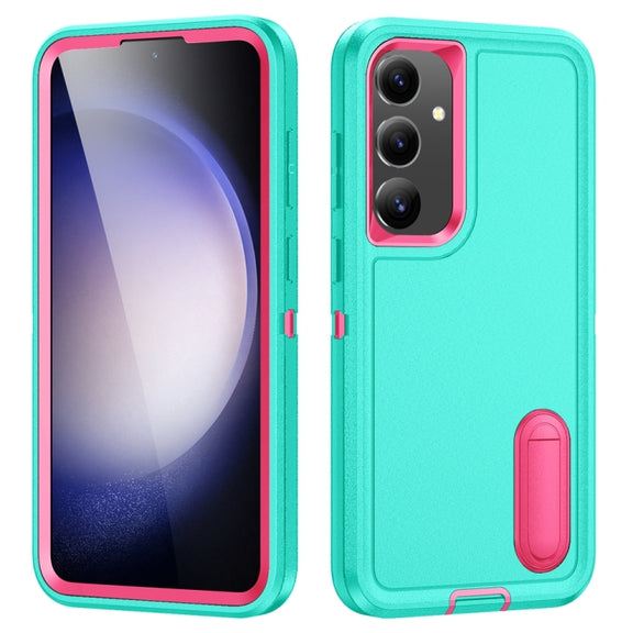 For Samsung Galaxy S24+ / S25+ 5G Rugged PC Hybrid Silicone Phone Case with Holder(Light Green+Rose Red)