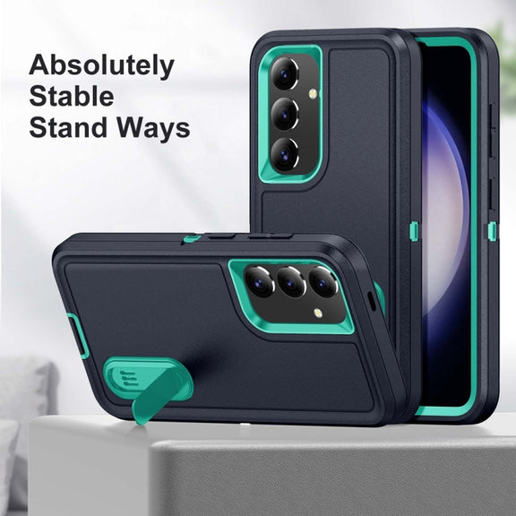 For Samsung Galaxy S24+ / S25+ 5G Rugged PC Hybrid Silicone Phone Case with Holder(Dark Blue+Light Green)
