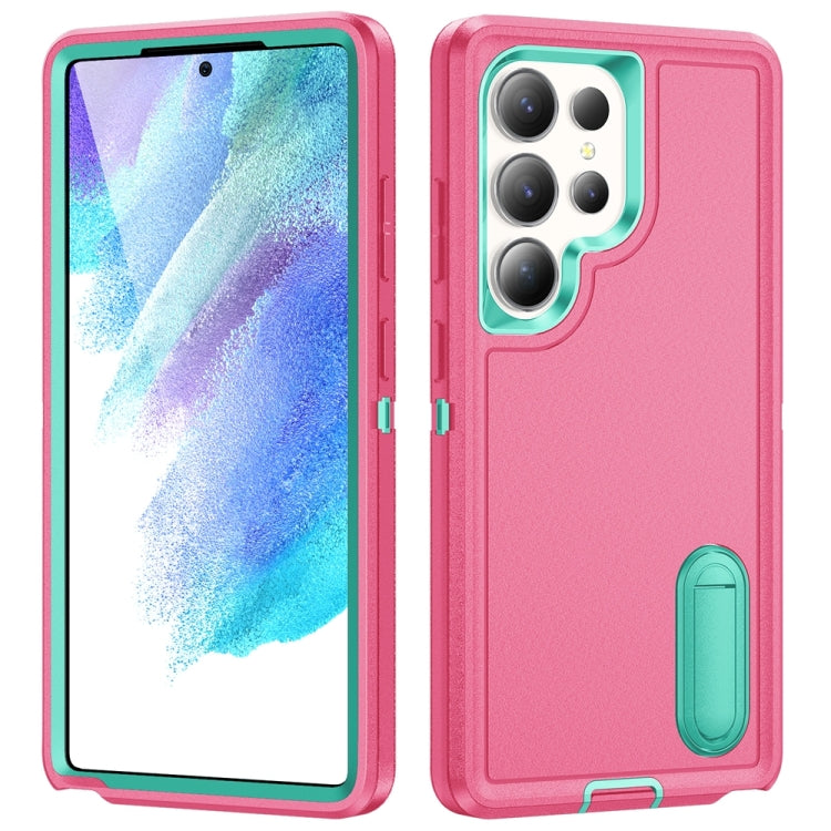 For Samsung Galaxy S25 Ultra 5G Rugged PC Hybrid Silicone Phone Case with Holder(Rose Red+Light Green)