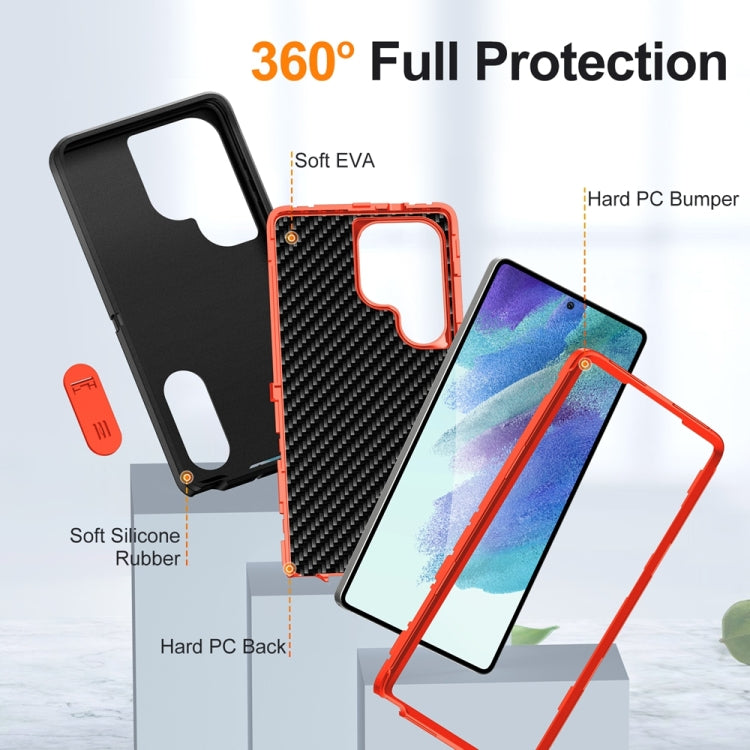 For Samsung Galaxy S25 Ultra 5G Rugged PC Hybrid Silicone Phone Case with Holder(Black+Orange)