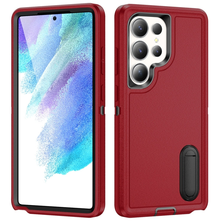 For Samsung Galaxy S25 Ultra 5G Rugged PC Hybrid Silicone Phone Case with Holder(Red+Black)