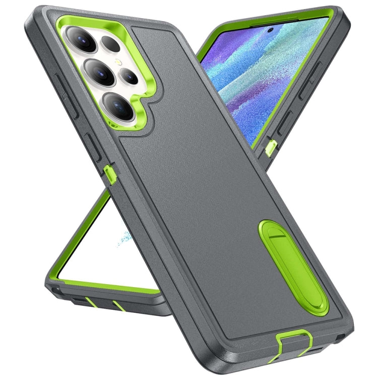 For Samsung Galaxy S25 Ultra 5G Rugged PC Hybrid Silicone Phone Case with Holder(Grey+Fresh Green)