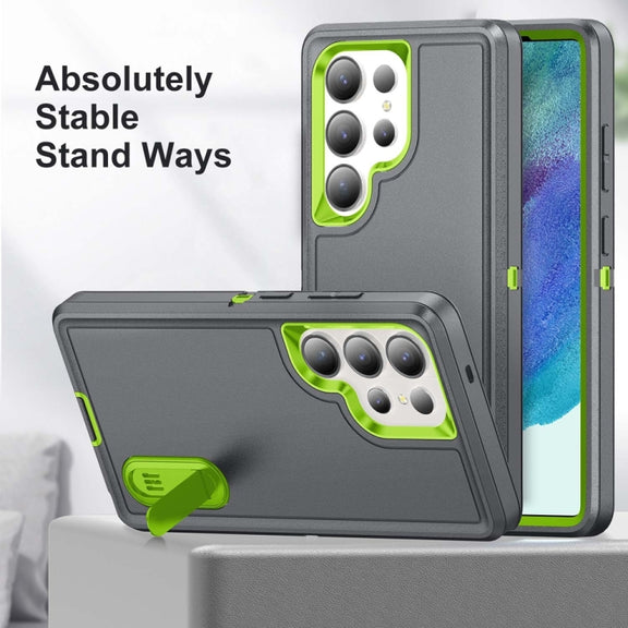 For Samsung Galaxy S25 Ultra 5G Rugged PC Hybrid Silicone Phone Case with Holder(Grey+Fresh Green)