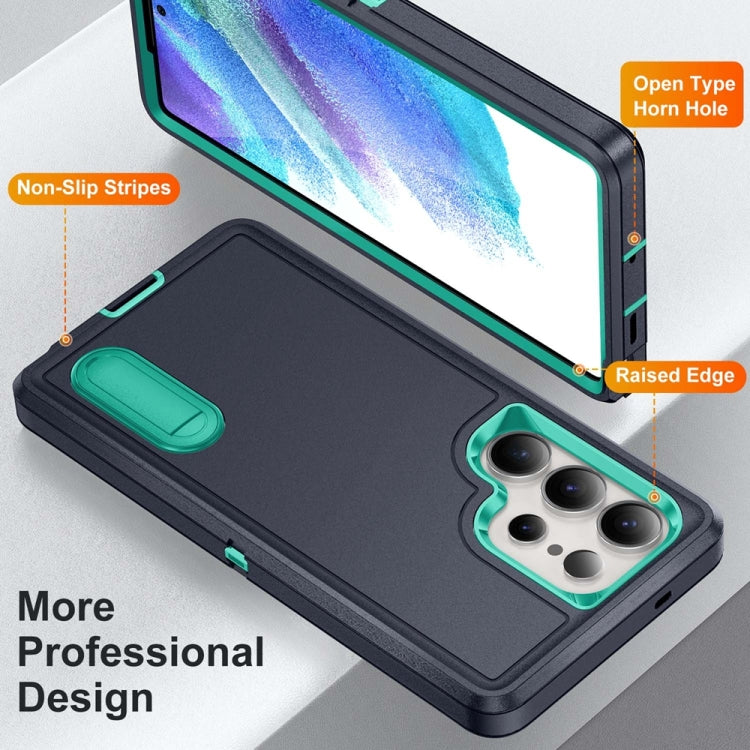 For Samsung Galaxy S25 Ultra 5G Rugged PC Hybrid Silicone Phone Case with Holder(Dark Blue+Light Green)
