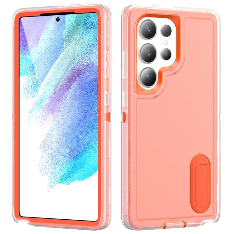 For Samsung Galaxy S25 Ultra 5G Rugged PC Hybrid Silicone Phone Case with Holder(Transparent+Orange)