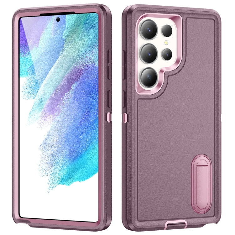 For Samsung Galaxy S25 Ultra 5G Rugged PC Hybrid Silicone Phone Case with Holder(Purple+Pink)